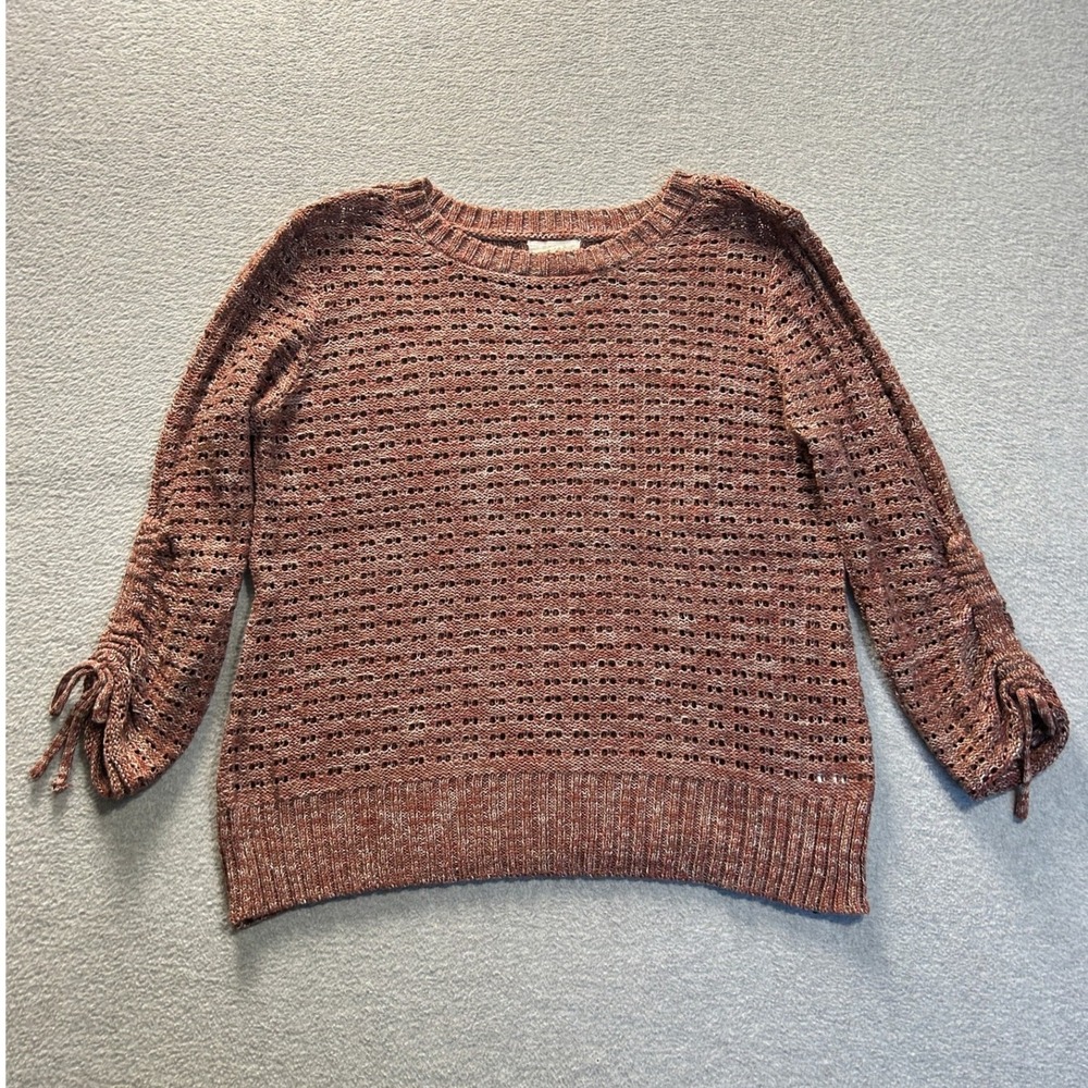 Maurices Open Knit Sweater Womens Large Rust 3/4 Sleeve Ruched Drawstring Boho